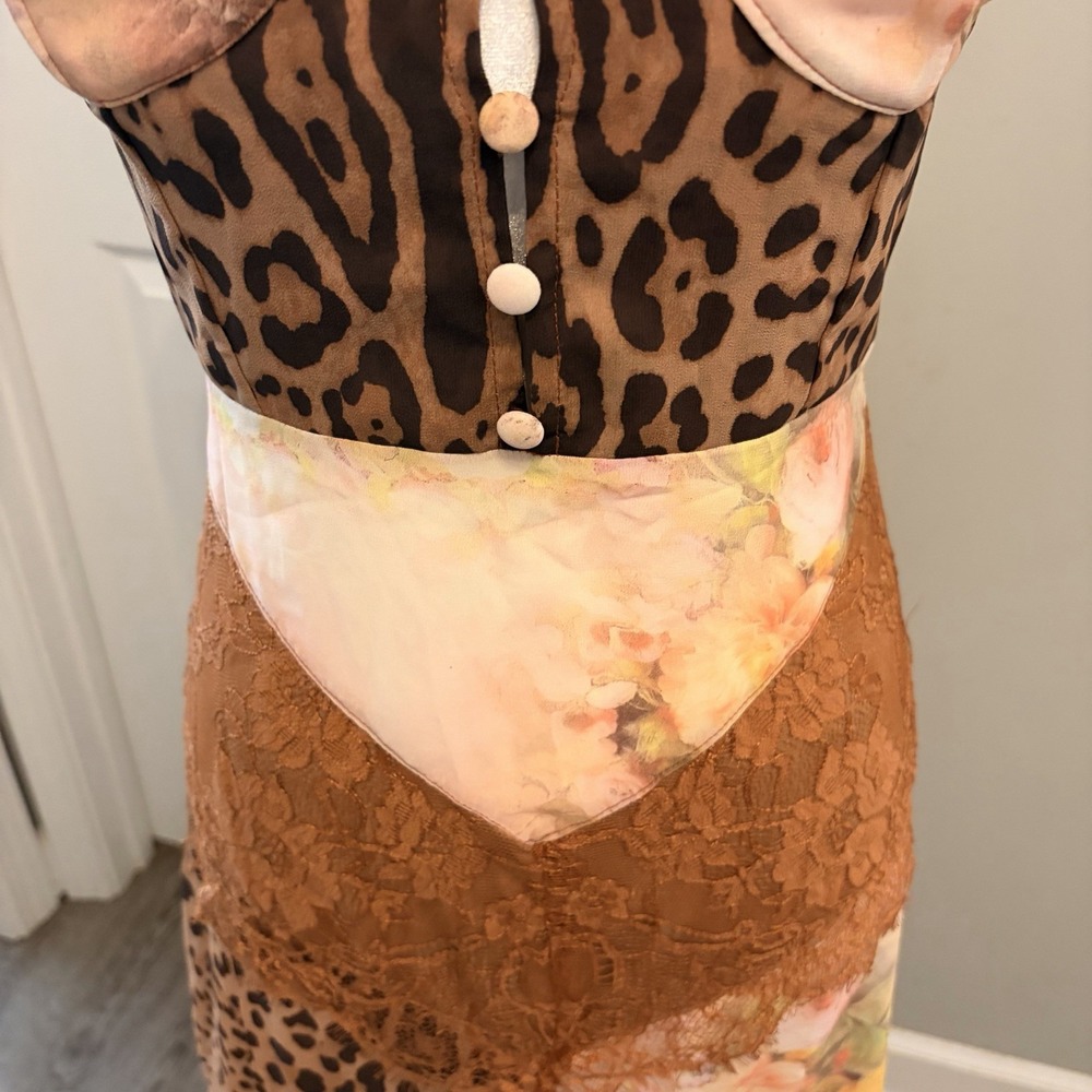 Mixed Print Chiffon Maxi Dress Size S Leopard Floral Patchwork Lace Slip Long - Picture 3 of 10